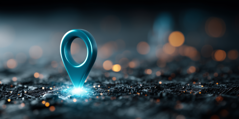 blue location pin icon glowing on a digital map background