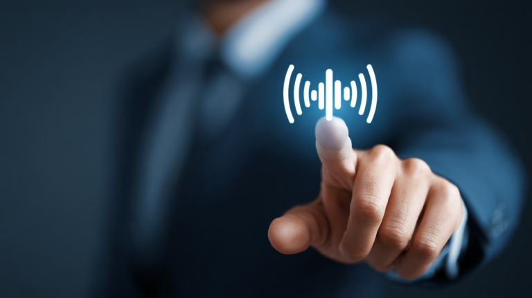 Businessman Hand Pointing Icon with Recording Icon of Smartphone Conversation