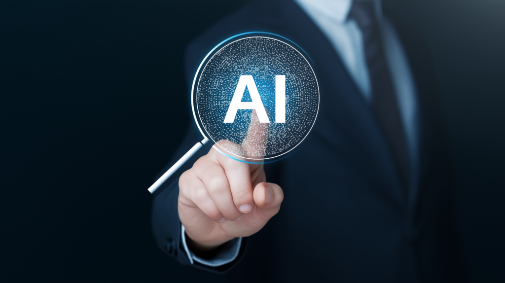 AI'' text and magnifying glass icon Hologram On A businessman Hand.