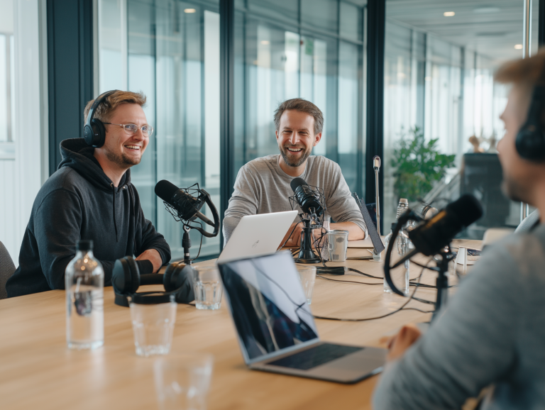 Three employees recording a podcast
