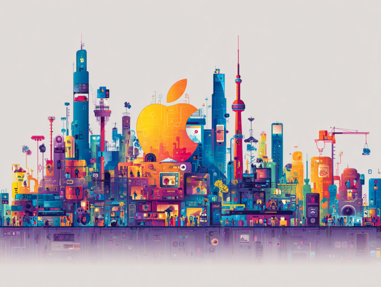 A futuristic city skyline, with Apple products integrated into everyday life
