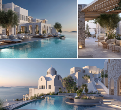 A luxurious and modern hotel collage showcasing a hotels expansion in Greece