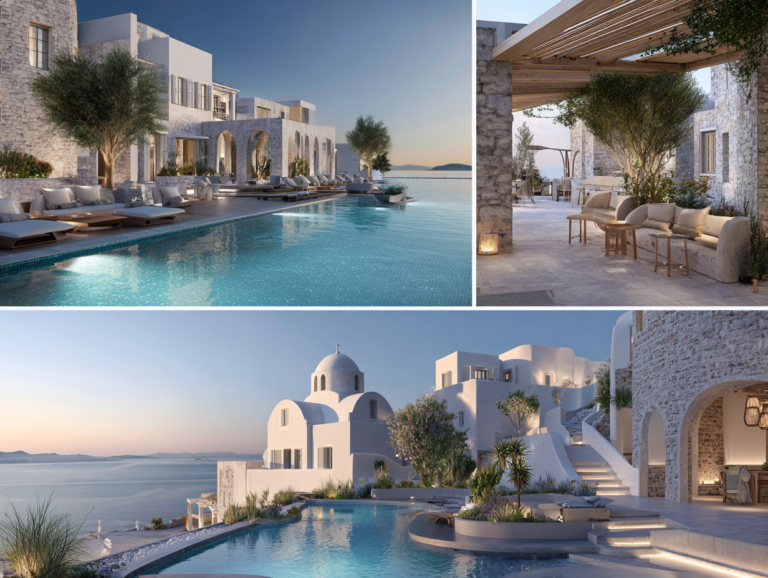 A luxurious and modern hotel collage showcasing a hotels expansion in Greece