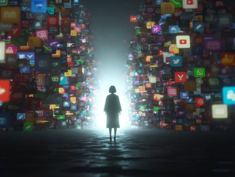 A person surrounded by hundreds of colorful notifications, ads, and social media icons