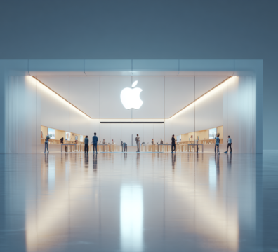 A sleek, minimalist image of an Apple Store with modern design elements