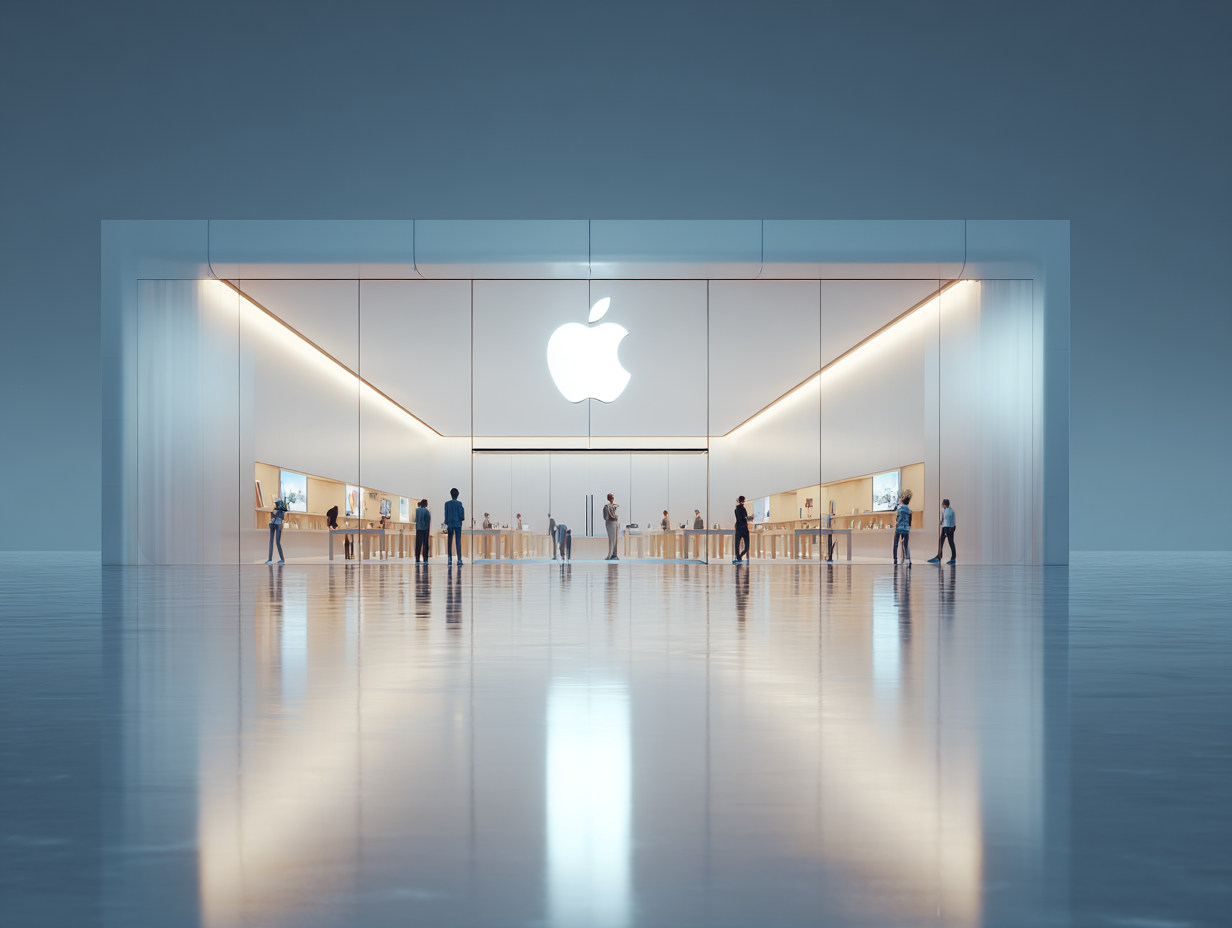 A sleek, minimalist image of an Apple Store with modern design elements