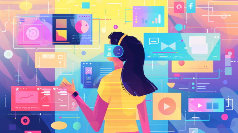 Illustration of a user interacting with AR/VR apps and mobile notifications
