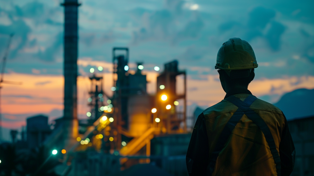 Industrial worker silhouette wearing safety helmet