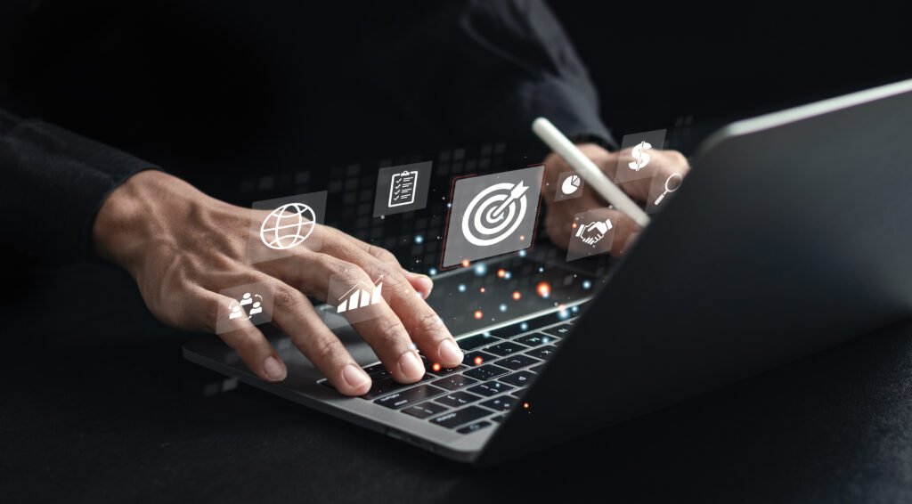 Concepts of setting goals and developing business guidelines for success. Businessman analyzing customer data and marketing strategy.