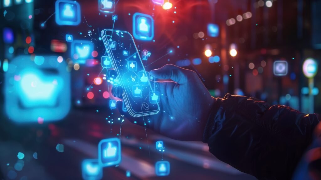 people holding mobile phone with modern futuristic 3d ai technology