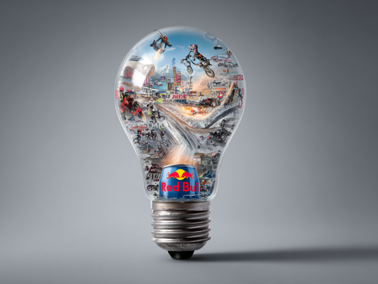 A conceptual image of a lightbulb filled with extreme sports scenes
