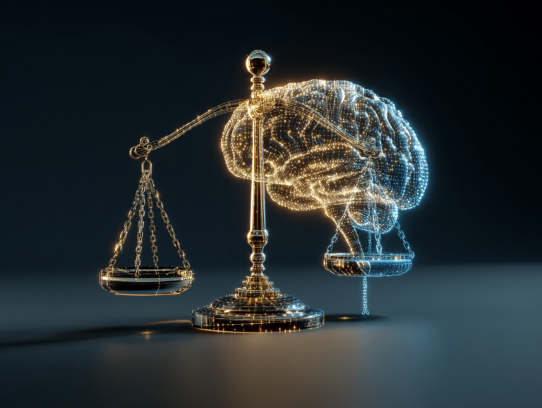 Conceptual image of AI ethics and data privacy in marketing: glowing AI brain or digital light scale.