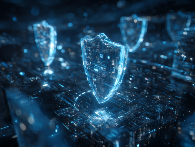 futuristic digital fortress representing cybersecurity, with glowing AI circuits and cloud elements