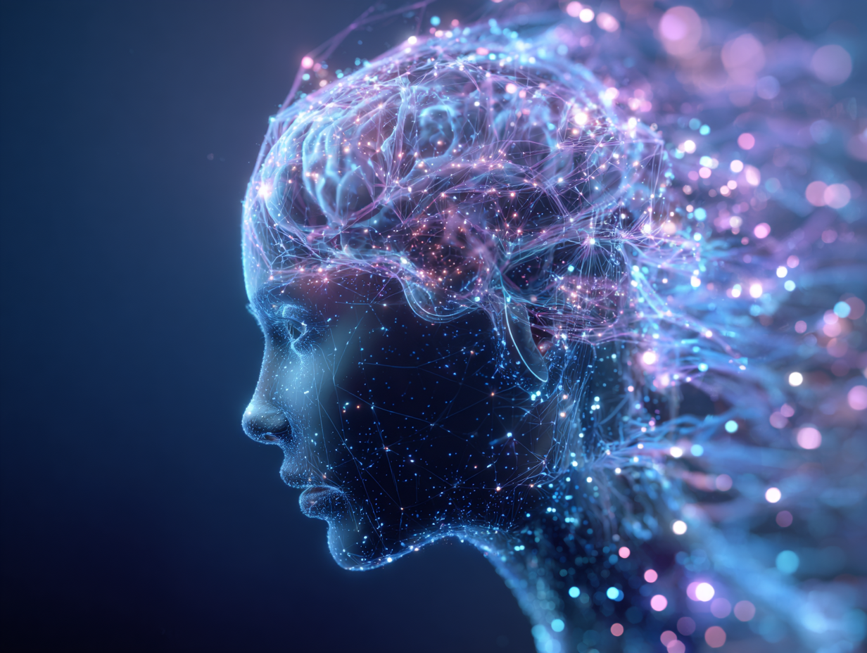 A futuristic digital marketing concept showing an AI brain