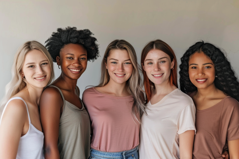 A group of diverse real women standing together, smiling confidently.