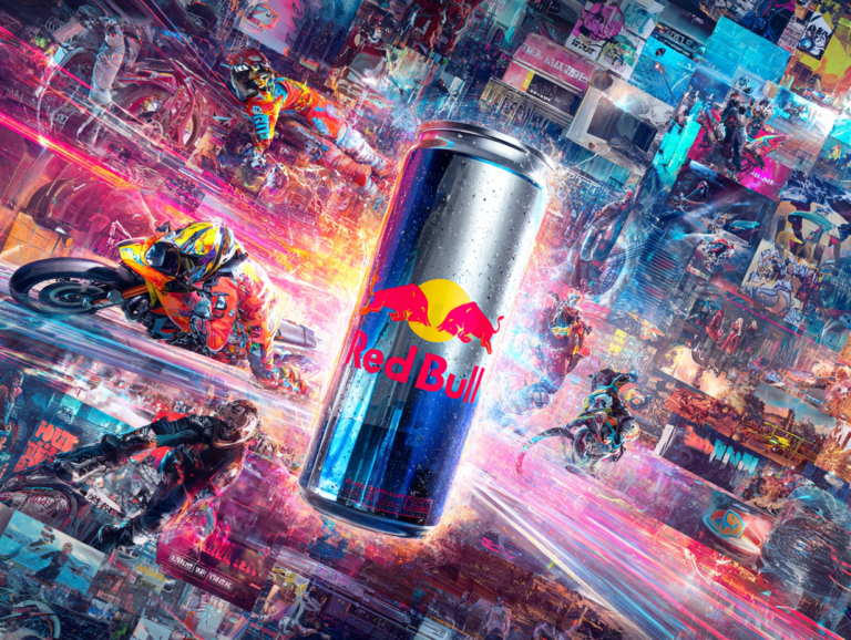 A high-energy futuristic collage featuring the Red Bull