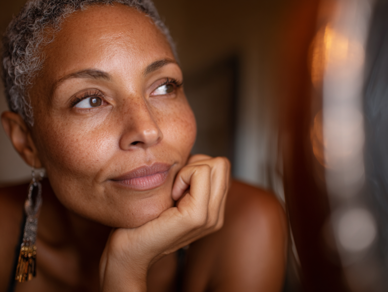 A thoughtful woman looking at herself in the mirror with an expression of self-acceptance.