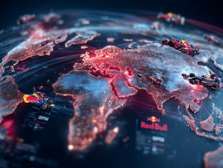 A world map glowing with Red Bull markers in major cities, connected by energy lines