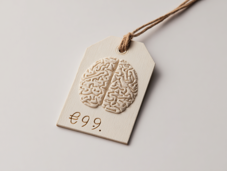 a price tag in the shape of a brain, reading 9.99 €