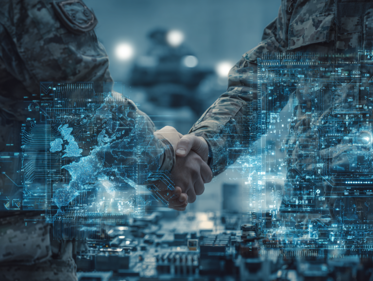 a sophisticated corporate image illustrating a major European defense technology acquisition