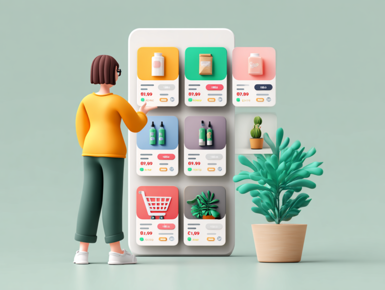 e-commerce UI/UX mobile screen mockup with product tiles