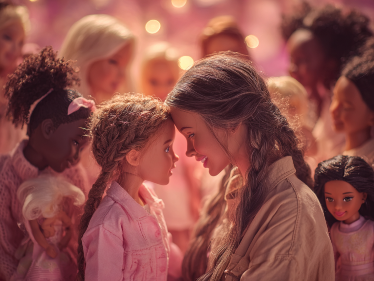 emotional and inclusive portrait of diverse women and girls interacting with Barbie dolls