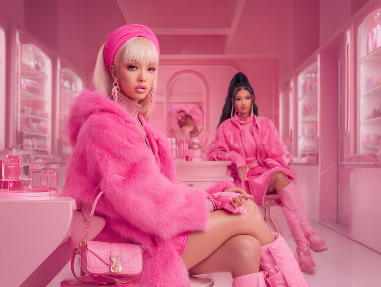 high-fashion editorial with Barbiecore aesthetic models in bold pink outfits