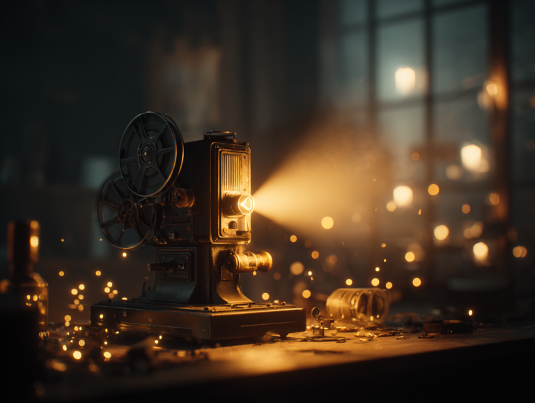 soft cinematic portrait of a vintage film projector