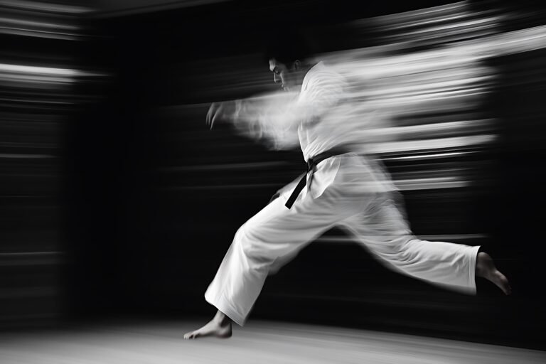 A dramatic black and white image of a karate athlete in motion, captured with a motion blur effect, highlighting the speed and power of their kick. This image can be used to represent the dynamism, focus, and discipline of martial arts.
