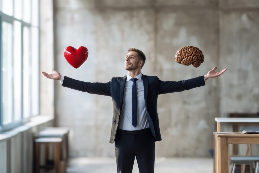 Businessman is balancing a floating red heart and a floating brain, symbolizing the balance between emotion and logic in decision-making