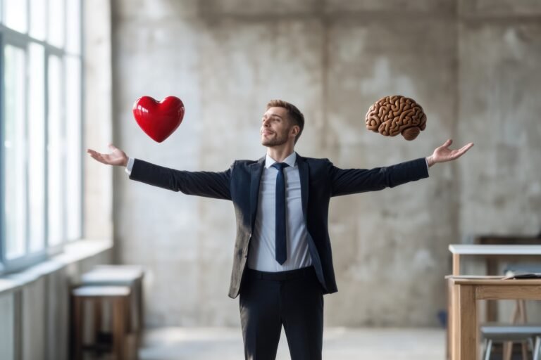 Businessman is balancing a floating red heart and a floating brain, symbolizing the balance between emotion and logic in decision-making