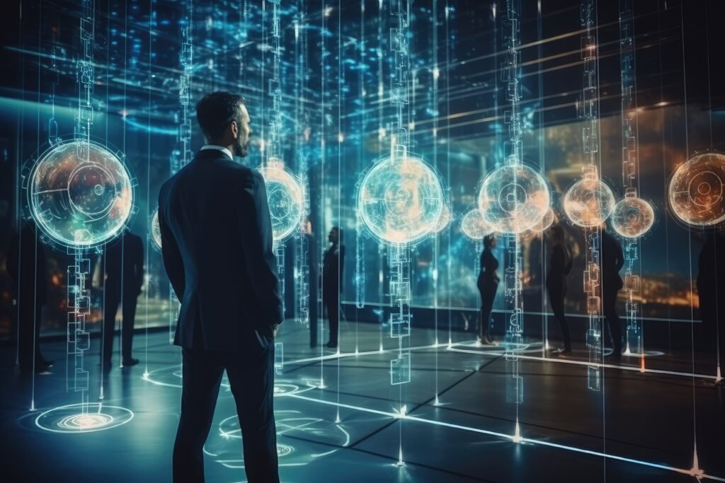 Businessman looking at hologram digital interface. Technology concept. Double exposure, Futuristic business management system and network line hologram