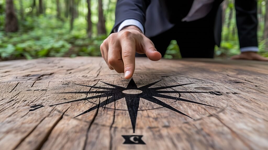 businessman-touching-compass-wooden-surface-forest-setting-direction-generative-ai