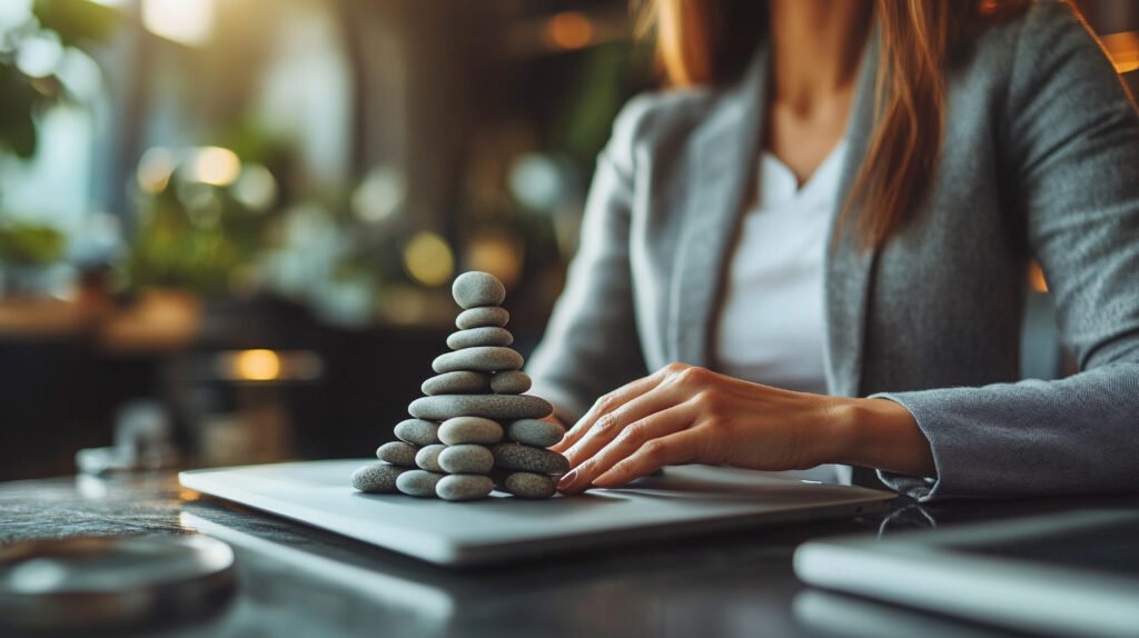 businesswoman's hand carefully arranges zen stones into a pyramid on a desk, symbolizing balance, focus, and the pursuit of harmony in a professional setting