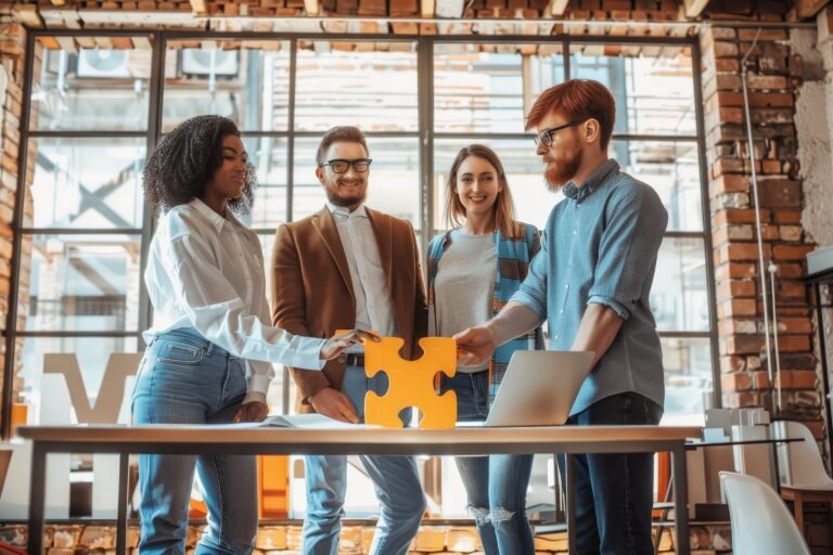 A diverse team of four professionals engage in a collaborative brainstorming session, working together to solve a challenge using colorful puzzle pieces in a sunlit workspace.