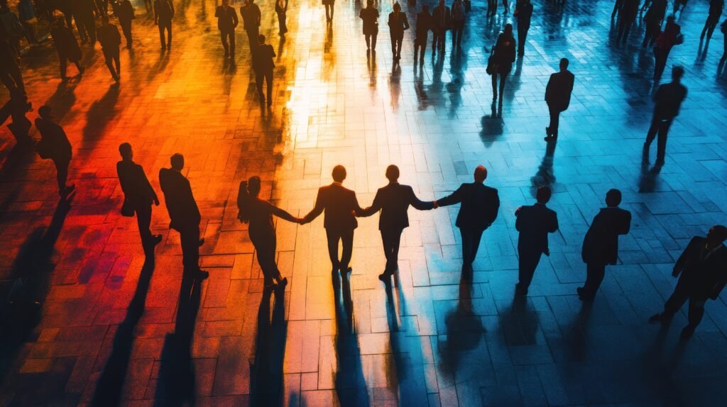 A group of people are standing in a circle on a puzzle piece. Concept of unity and collaboration among the individuals