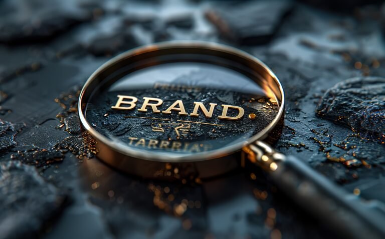 A magnifying glass is on a black surface with the word brand written on it