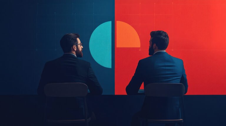 Two professionals looking at contrasting visual data presentations, symbolizing analysis and decision-making.