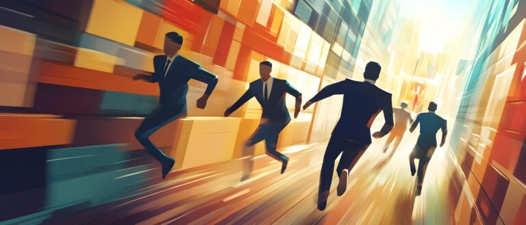 Dynamic scene of busy professionals racing through an urban landscape, capturing the essence of urgency and movement.