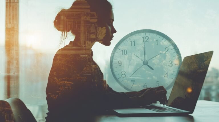 Female entrepreneur at her desk with a laptop, clock overlay in double