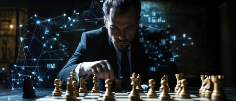 man-playing-chess-dark-room-with-network-data-background