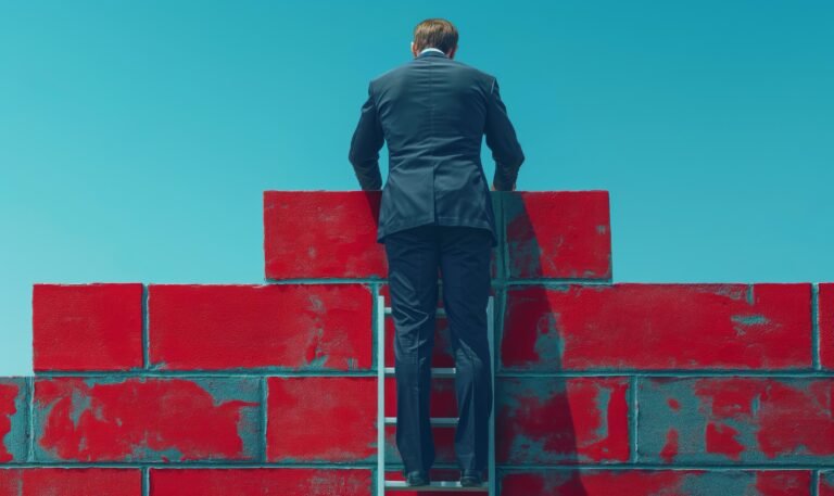 A man in a suit stands on a ladder behind a wall of red bricks, gazing into the distance against a clear blue sky.