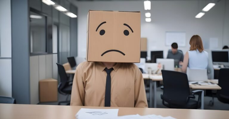 person-wearing-cardboard-box-with-sad-face-drawn-it-standing-office-environment-with