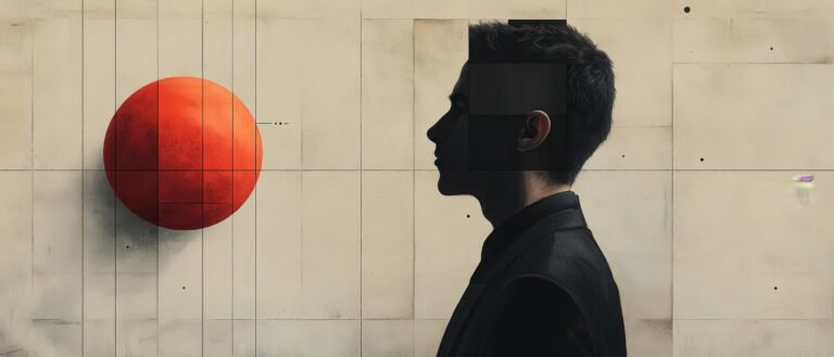 A man contemplates a red sphere against an abstract art background.