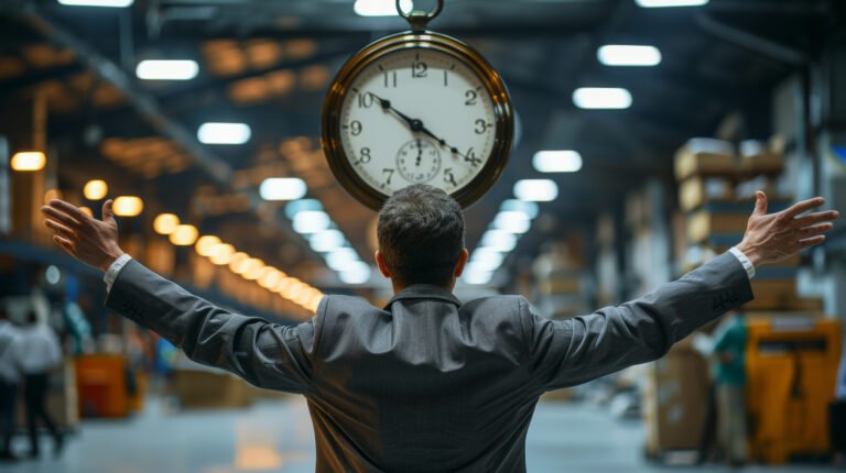 A man in a suit stands in a warehouse, arms outstretched, facing a large clock. The image portrays themes of time management, urgency, and business in a professional environment.