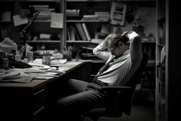 businessman Leaning in his work chair he looked bored on work desk documents. generative ai