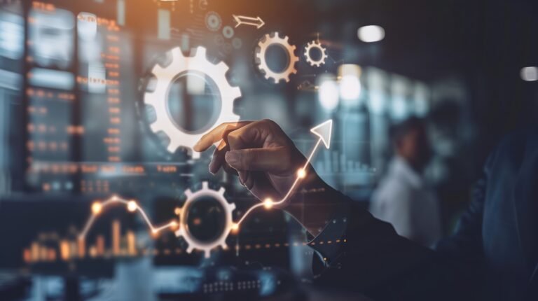 Businessman's Hand Interacting with Digital Gear and Graph