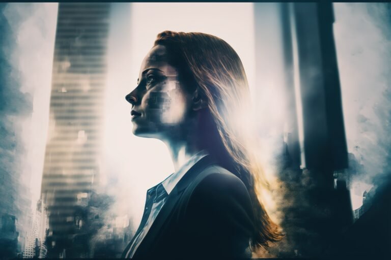 Ambitious businesswoman portrait in black suit-clad with background residential city highrise buildings in double exposure, Successful businesspeople with strategic plans. Superb Generative AI.