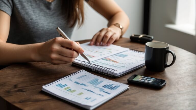 Close up of hands managing budget with smartphone and notebook