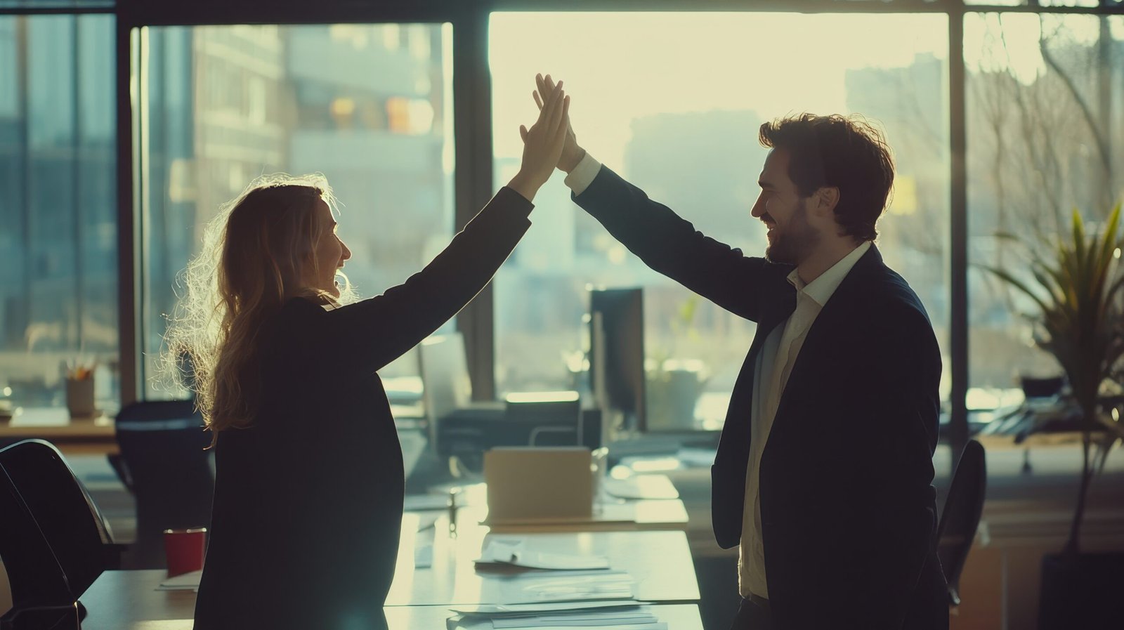 Two colleagues share a joyful high five, symbolizing teamwork and success in a well-lit office during the afternoon.